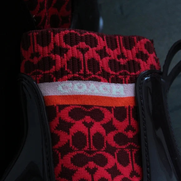 Coach Burgundy Patent Rain Chelsea Boots with Red Signature Sock - Picture 5 of 8